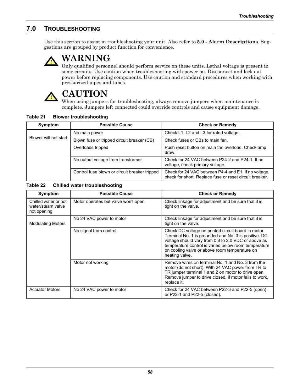 0 troubleshooting, Table 21 blower troubleshooting, Table 22 chilled water troubleshooting | Roubleshooting, Table 21, Blower troubleshooting, Table 22, Chilled water troubleshooting, Refer to 7.0 - troubleshooting, Warning | Liebert CHALLENGER 3000 User Manual | Page 66 / 76