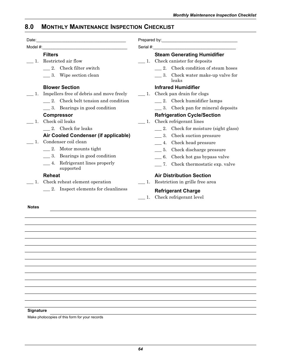 0 monthly maintenance inspection checklist, Filters, Steam generating humidifier | Blower section, Infrared humidifier, Compressor, Refrigeration cycle/section, Air cooled condenser (if applicable), Reheat, Air distribution section | Liebert CHALLENGER 3000 User Manual | Page 72 / 76