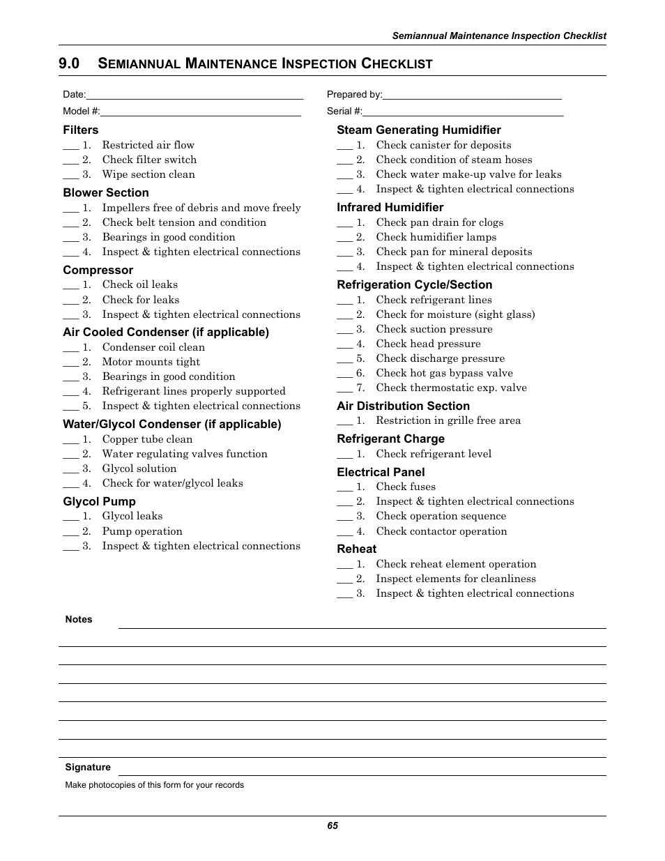0 semiannual maintenance inspection checklist, Filters, Blower section | Compressor, Air cooled condenser (if applicable), Water/glycol condenser (if applicable), Glycol pump, Steam generating humidifier, Infrared humidifier, Refrigeration cycle/section | Liebert CHALLENGER 3000 User Manual | Page 73 / 76