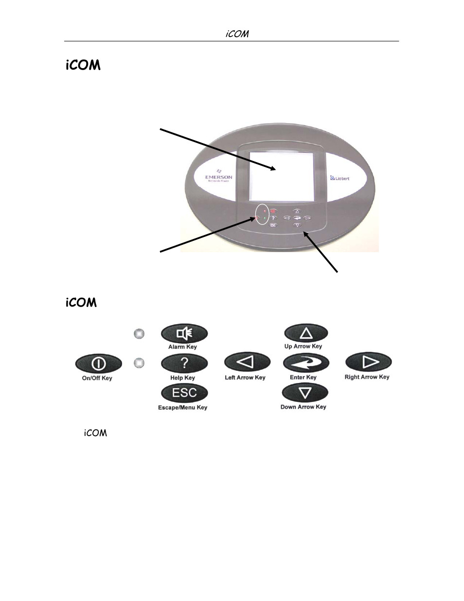 Icom display components and functions, Icom keyboard layout | Liebert iCOM Microprocessor TM-10098 User Manual | Page 54 / 170