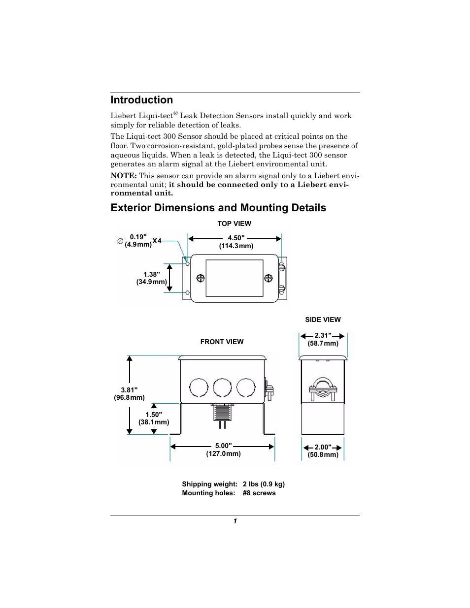 Introduction, Exterior dimensions and mounting details, Ntroduction | Xterior, Imensions, Ounting, Etails | Liebert Liqui-tect 300 User Manual | Page 5 / 10