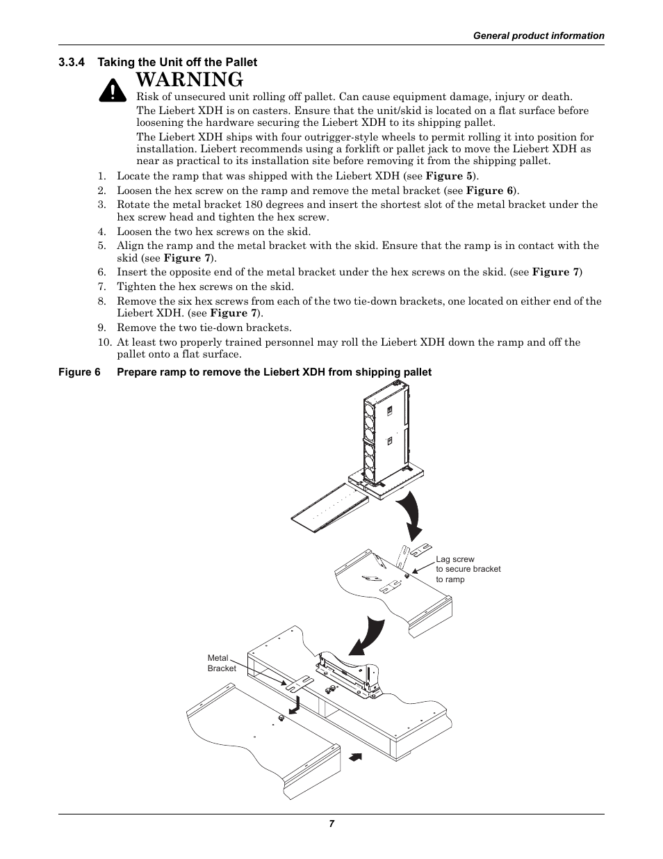 4 taking the unit off the pallet, Taking the unit off the pallet, Figure 6 | Warning | Liebert Cooling Modules XDH User Manual | Page 11 / 36