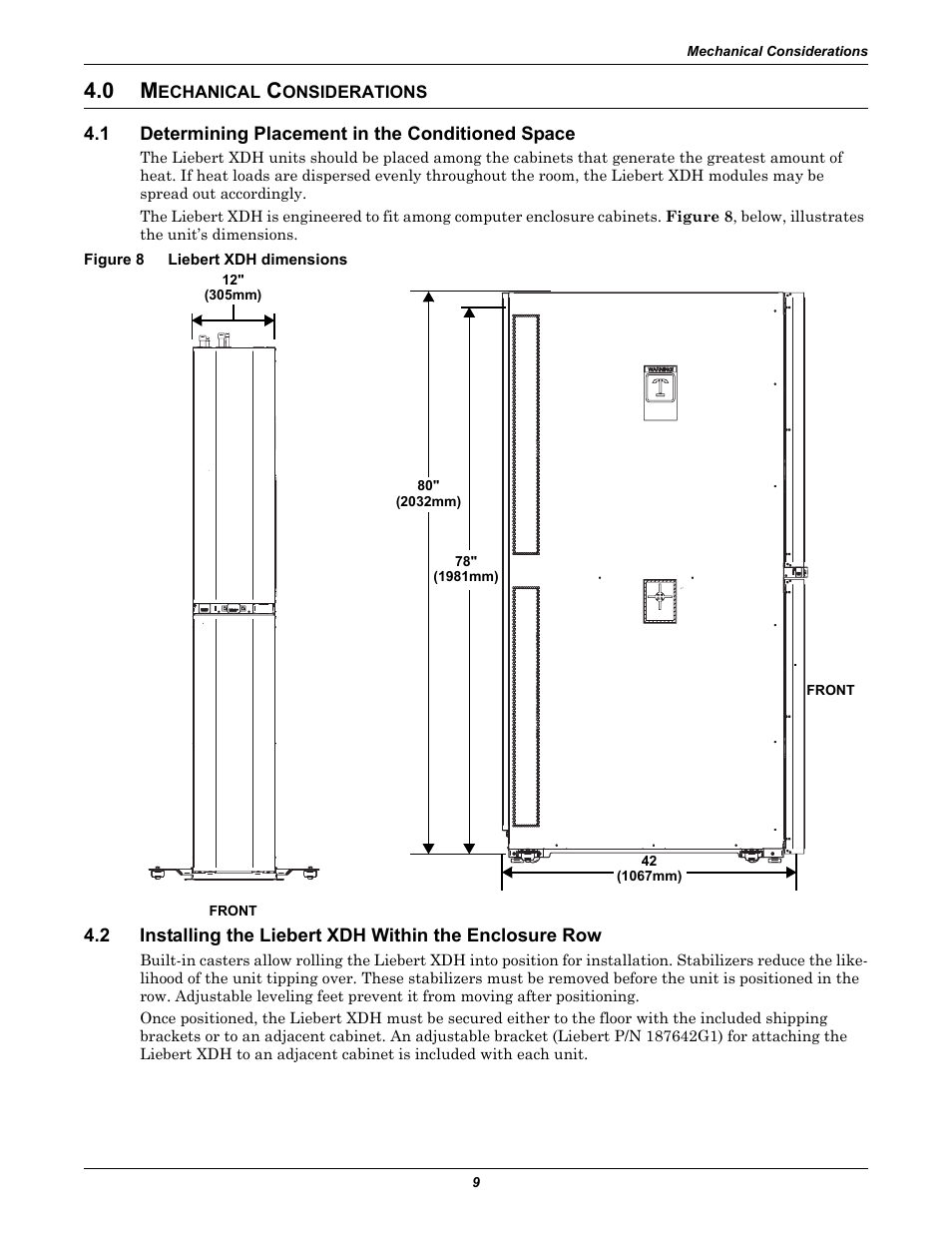 0 mechanical considerations, 1 determining placement in the conditioned space, Figure 8 liebert xdh dimensions | Echanical, Onsiderations, Determining placement in the conditioned space, Figure 8, Liebert xdh dimensions | Liebert Cooling Modules XDH User Manual | Page 13 / 36