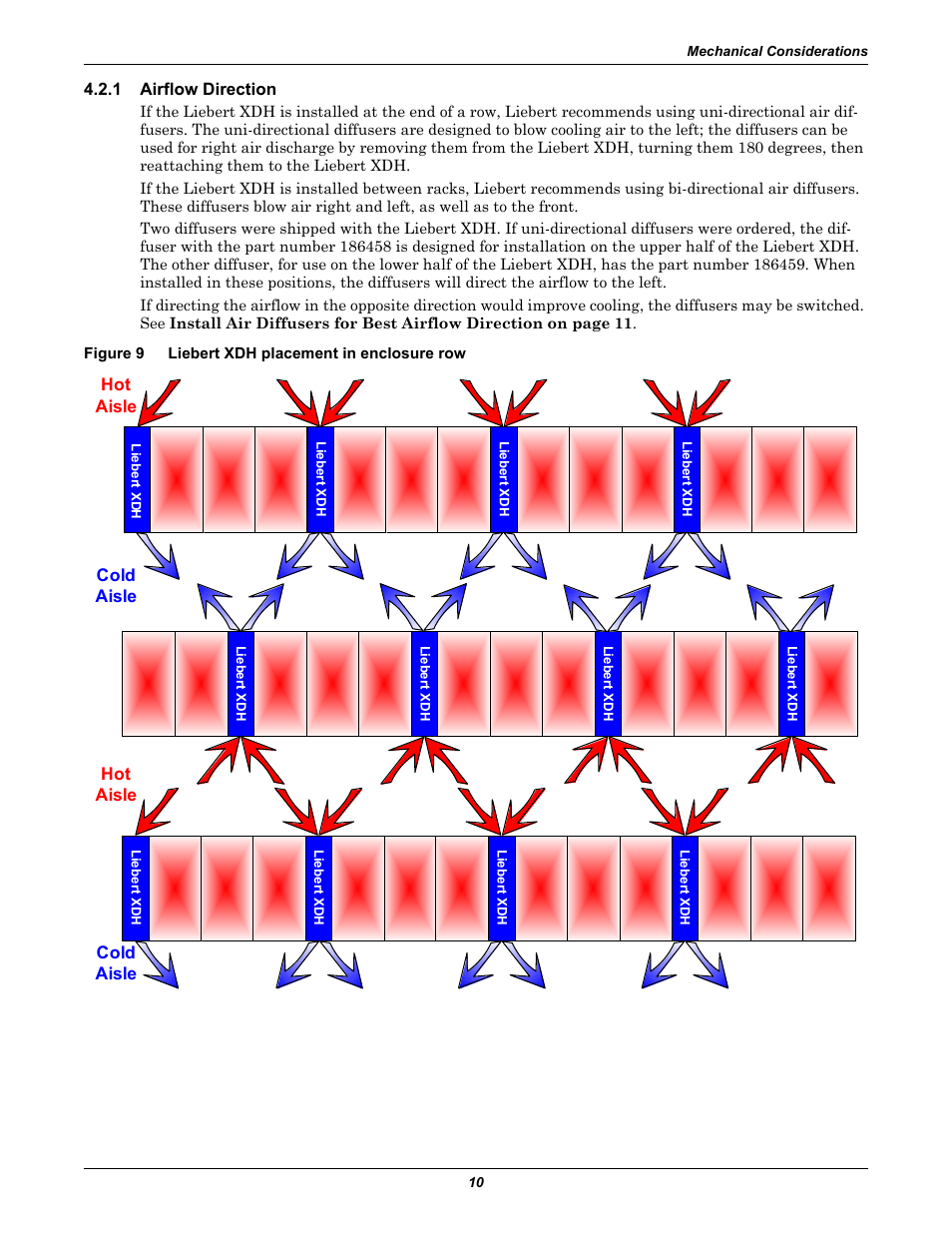 1 airflow direction, Figure 9 liebert xdh placement in enclosure row, Airflow direction | Figure 9, Liebert xdh placement in enclosure row | Liebert Cooling Modules XDH User Manual | Page 14 / 36