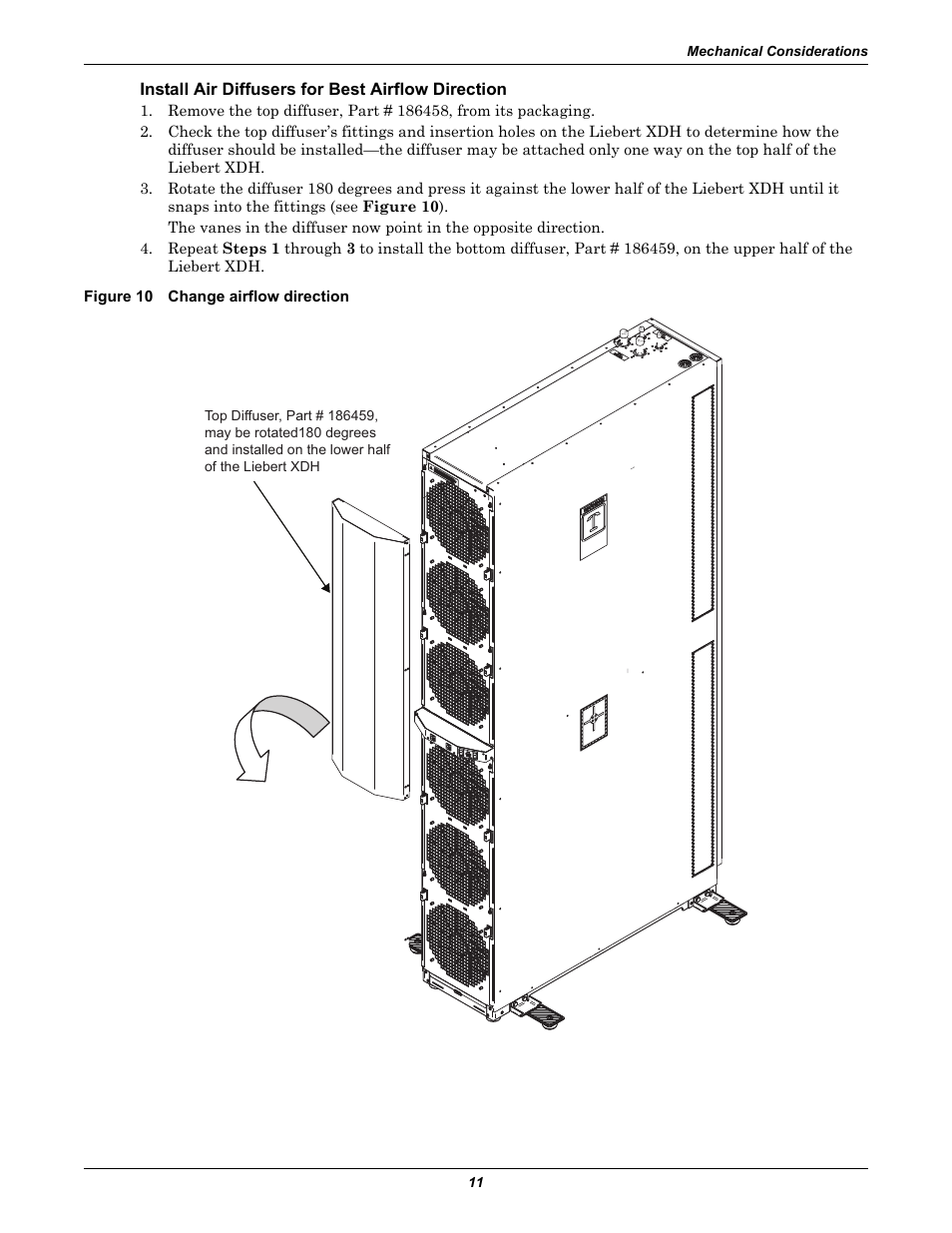 Install air diffusers for best airflow direction, Figure 10 change airflow direction | Liebert Cooling Modules XDH User Manual | Page 15 / 36