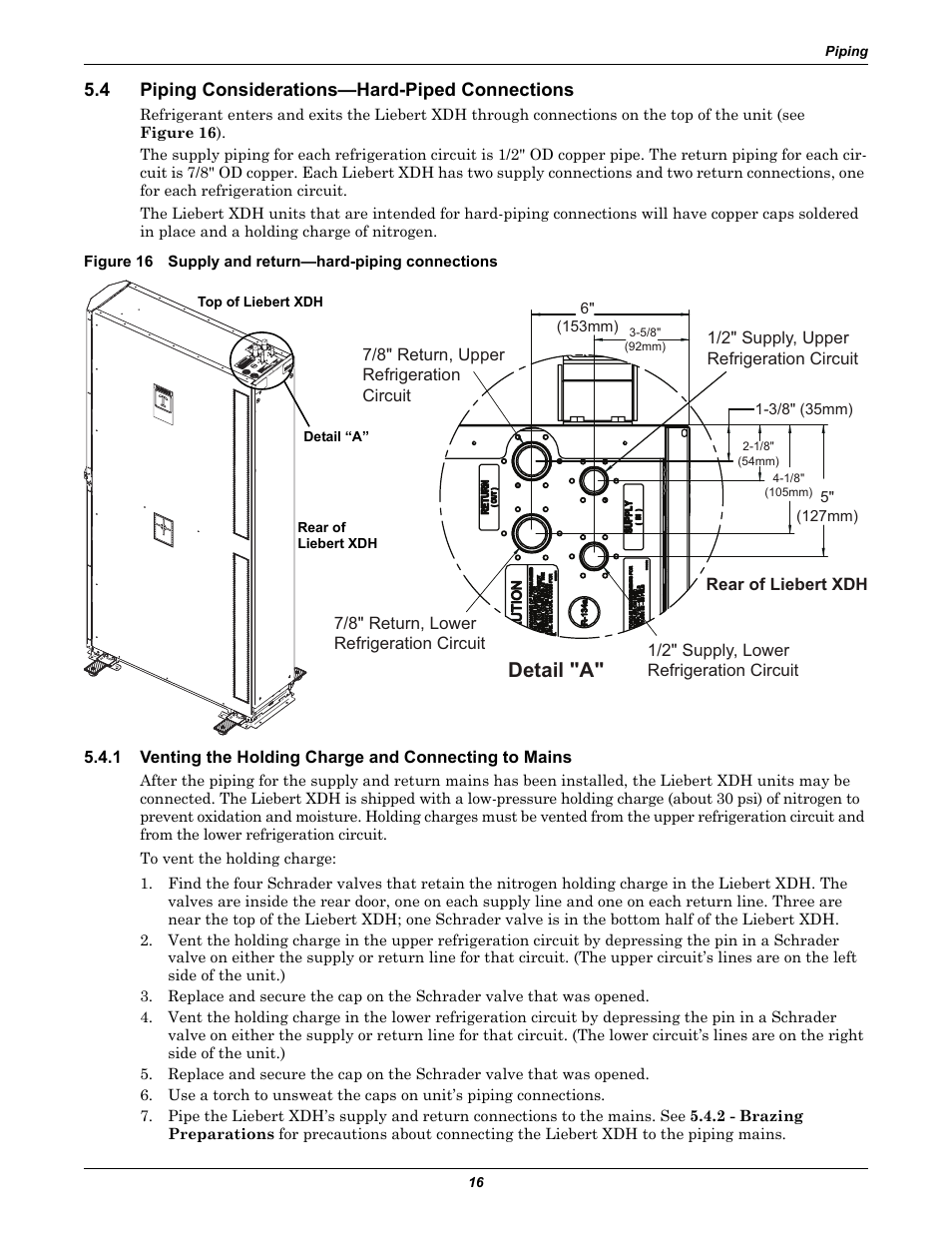 4 piping considerations—hard-piped connections, Piping considerations—hard-piped connections, Venting the holding charge and connecting to mains | Detail "a | Liebert Cooling Modules XDH User Manual | Page 20 / 36