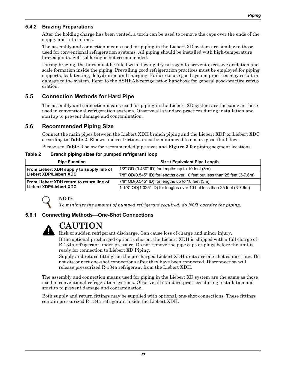 2 brazing preparations, 5 connection methods for hard pipe, 6 recommended piping size | 1 connecting methods—one-shot connections, Brazing preparations, Connection methods for hard pipe, Recommended piping size, Connecting methods—one-shot connections, Table 2, Branch piping sizes for pumped refrigerant loop | Liebert Cooling Modules XDH User Manual | Page 21 / 36