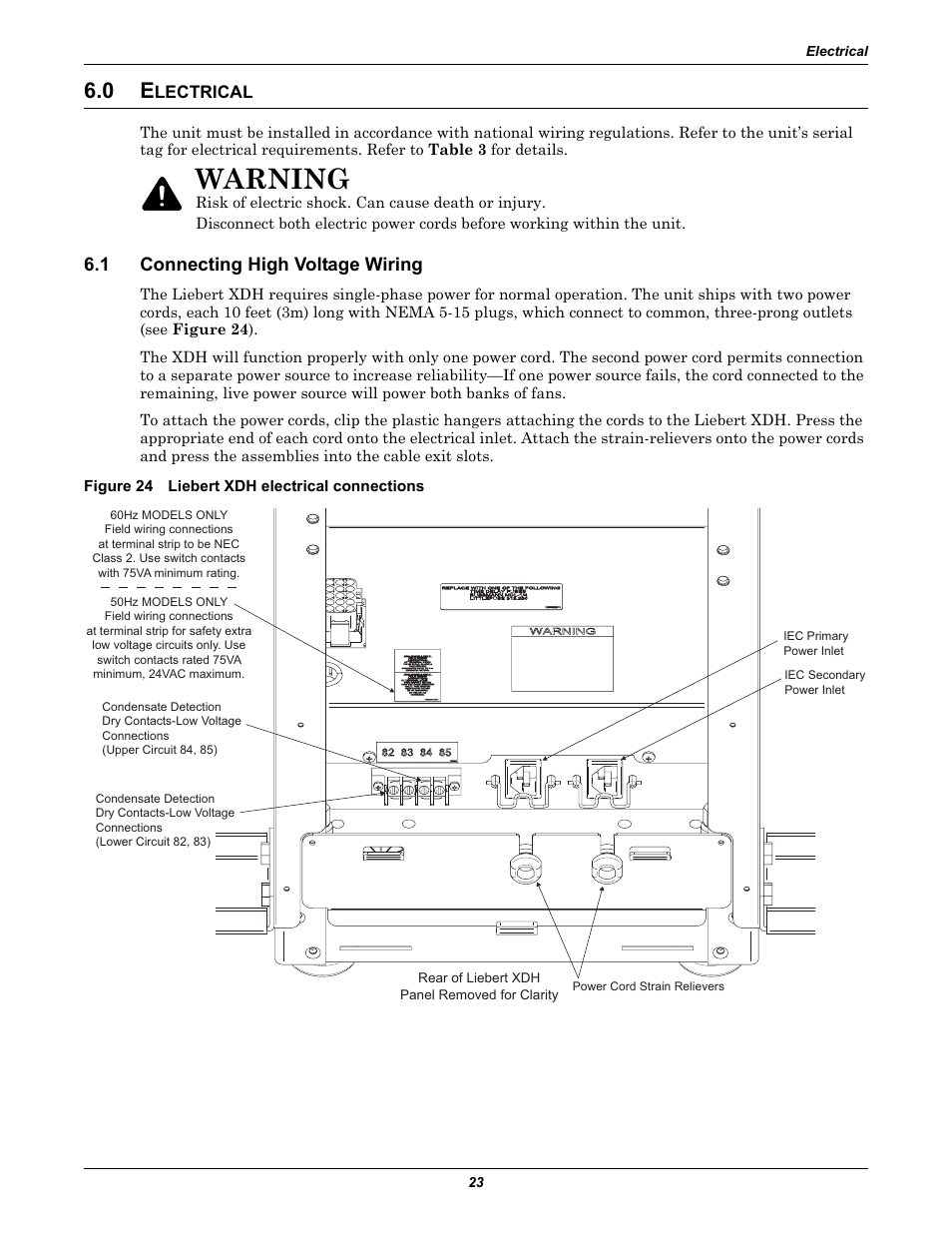 0 electrical, 1 connecting high voltage wiring, Figure 24 liebert xdh electrical connections | Lectrical, Connecting high voltage wiring, Warning | Liebert Cooling Modules XDH User Manual | Page 27 / 36