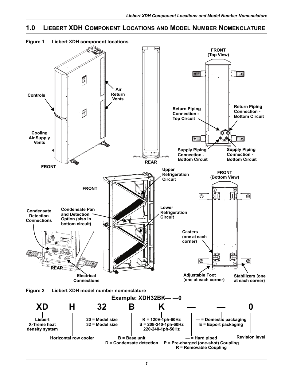 Figure 1 liebert xdh component locations, Figure 2 liebert xdh model number nomenclature, Iebert | Xdh c, Omponent, Ocations, Odel, Umber, Omenclature, Liebert xdh component locations | Liebert Cooling Modules XDH User Manual | Page 5 / 36