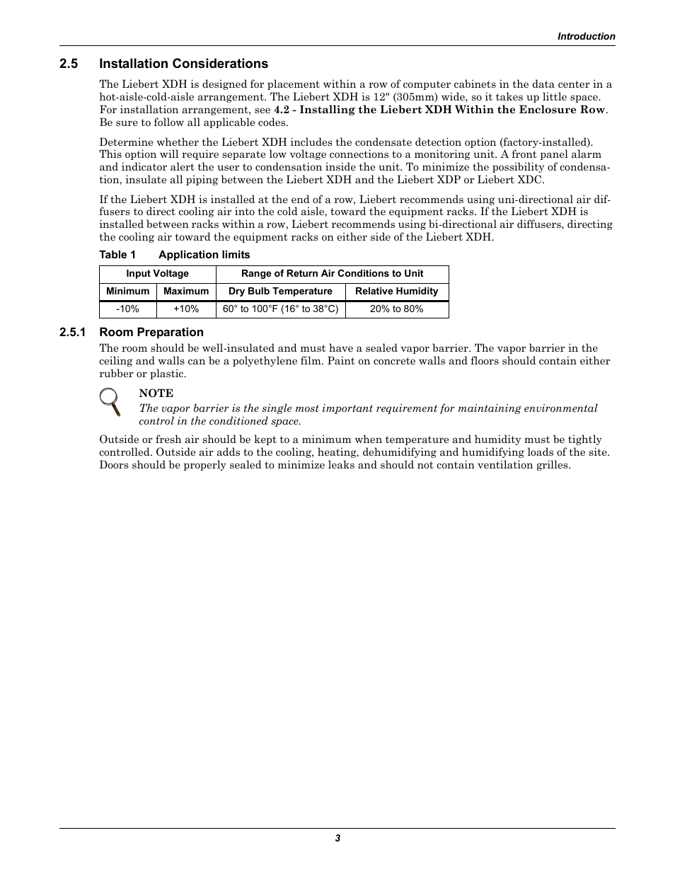 5 installation considerations, Table 1 application limits, 1 room preparation | Installation considerations, Room preparation, Table 1, Application limits | Liebert Cooling Modules XDH User Manual | Page 7 / 36