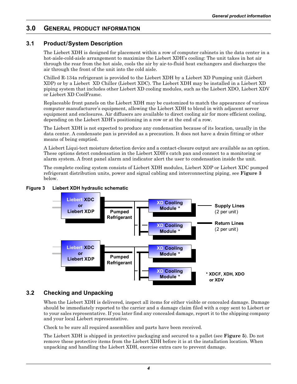 0 general product information, 1 product / system description, Figure 3 liebert xdh hydraulic schematic | 2 checking and unpacking, Eneral, Product, Information, Product/system description, Checking and unpacking, Figure 3 | Liebert Cooling Modules XDH User Manual | Page 8 / 36