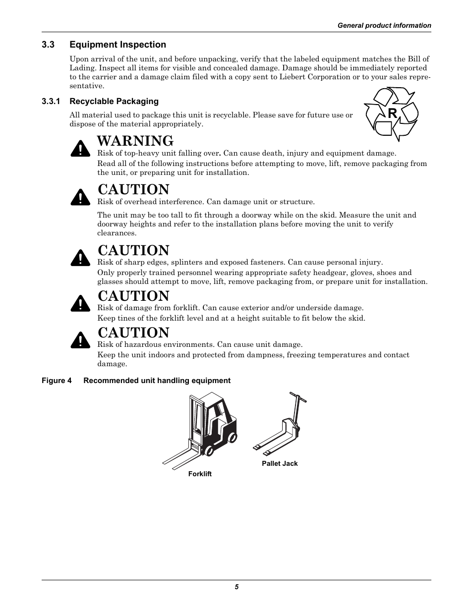 3 equipment inspection, 1 recyclable packaging, Figure 4 recommended unit handling equipment | Equipment inspection, Recyclable packaging, Figure 4, Recommended unit handling equipment, Warning, Caution | Liebert Cooling Modules XDH User Manual | Page 9 / 36