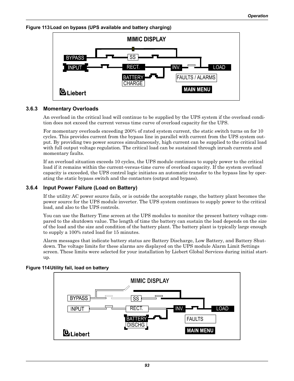 3 momentary overloads, 4 input power failure (load on battery), Figure 114 utility fail, load on battery | Momentary overloads, Input power failure (load on battery), Mimic display | Liebert 30-130kVA User Manual | Page 101 / 112
