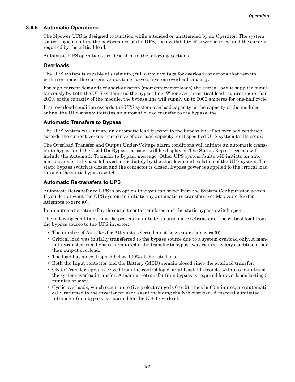 5 automatic operations, Overloads, Automatic transfers to bypass | Automatic re-transfers to ups, Automatic operations | Liebert 30-130kVA User Manual | Page 102 / 112
