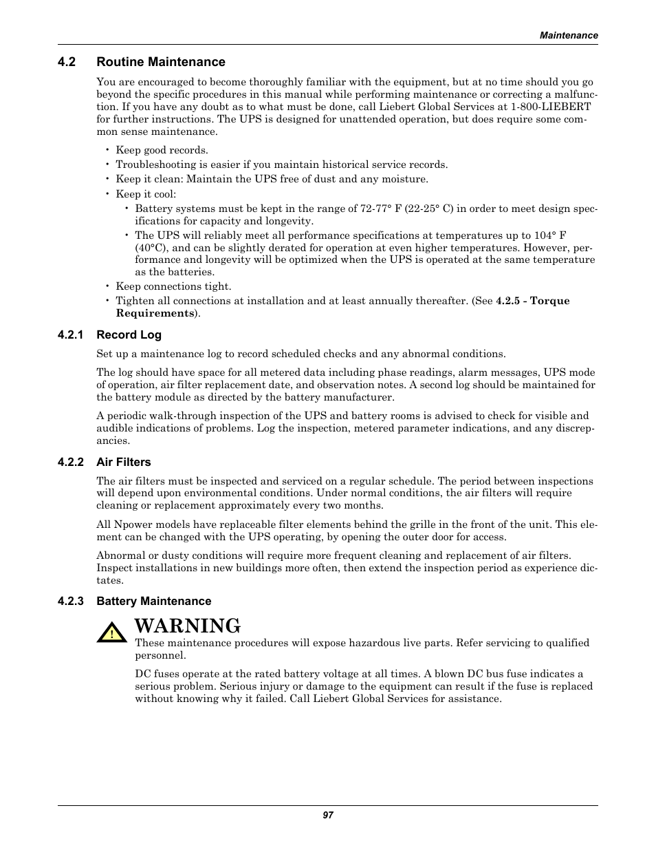 2 routine maintenance, 1 record log, 2 air filters | 3 battery maintenance, Routine maintenance, Record log, Air filters, Battery maintenance, Warning | Liebert 30-130kVA User Manual | Page 105 / 112