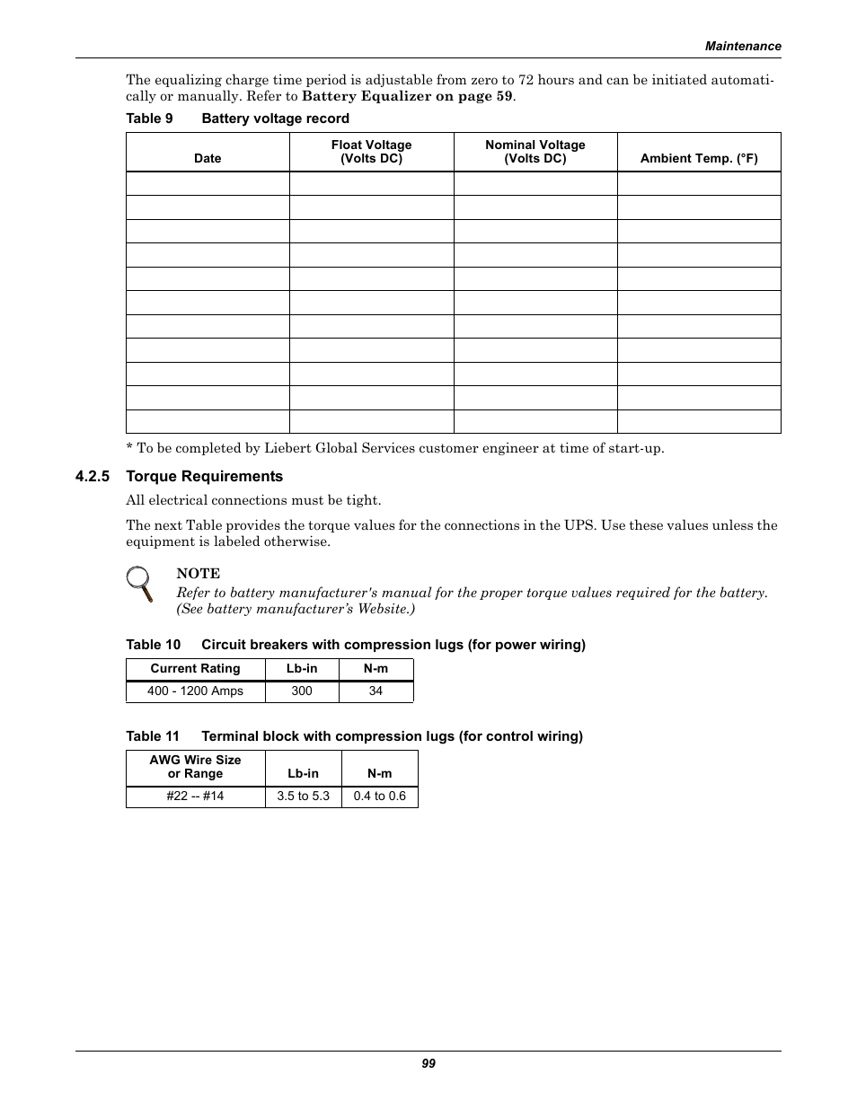 Table 9 battery voltage record, 5 torque requirements, Torque requirements | Table 9, Battery voltage record, Table 10, Table 11 | Liebert 30-130kVA User Manual | Page 107 / 112