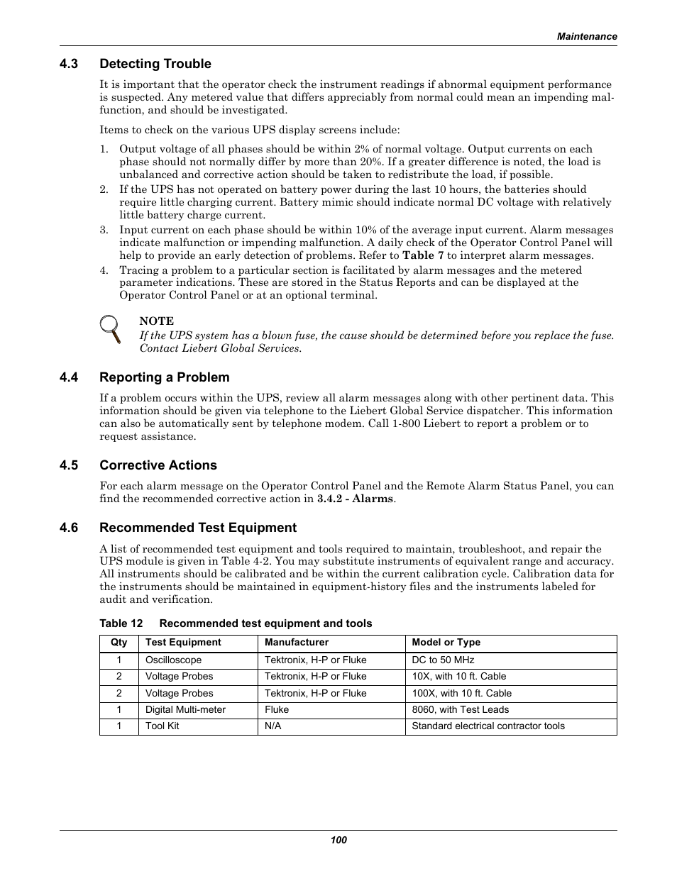 3 detecting trouble, 4 reporting a problem, 5 corrective actions | 6 recommended test equipment, Table 12 recommended test equipment and tools, Detecting trouble, Reporting a problem, Corrective actions, Recommended test equipment, Table 12 | Liebert 30-130kVA User Manual | Page 108 / 112