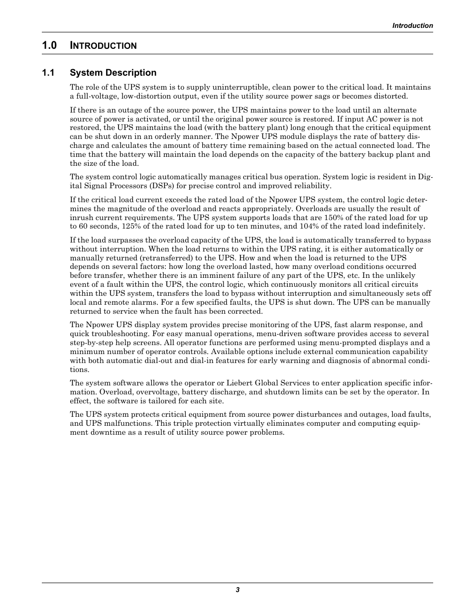 0 introduction, 1 system description, Ntroduction | System description | Liebert 30-130kVA User Manual | Page 11 / 112