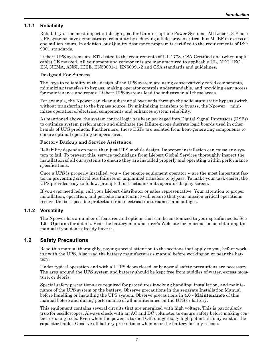 1 reliability, 2 versatility, 2 safety precautions | Reliability, Versatility, Safety precautions | Liebert 30-130kVA User Manual | Page 12 / 112
