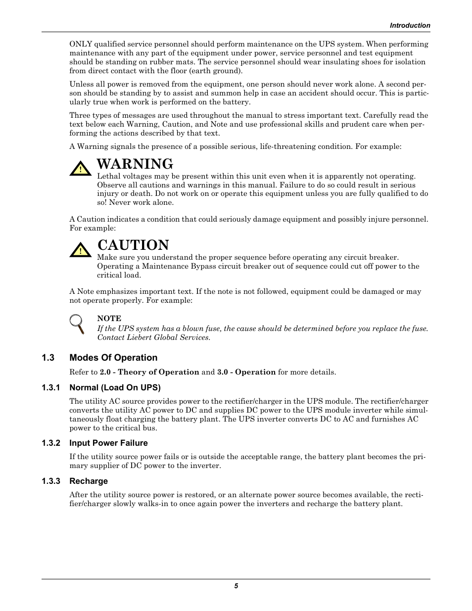 3 modes of operation, 1 normal (load on ups), 2 input power failure | 3 recharge, Modes of operation, Normal (load on ups), Input power failure, Recharge, Warning, Caution | Liebert 30-130kVA User Manual | Page 13 / 112