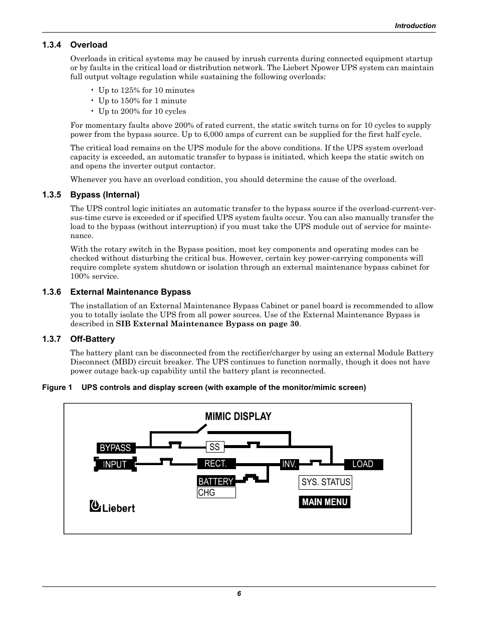 4 overload, 5 bypass (internal), 6 external maintenance bypass | 7 off-battery, Overload, Bypass (internal), External maintenance bypass, Off-battery, Mimic display | Liebert 30-130kVA User Manual | Page 14 / 112