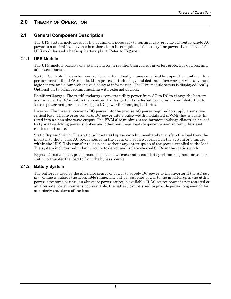 0 theory of operation, 1 general component description, 1 ups module | 2 battery system, Heory, Peration, General component description, Ups module, Battery system | Liebert 30-130kVA User Manual | Page 16 / 112