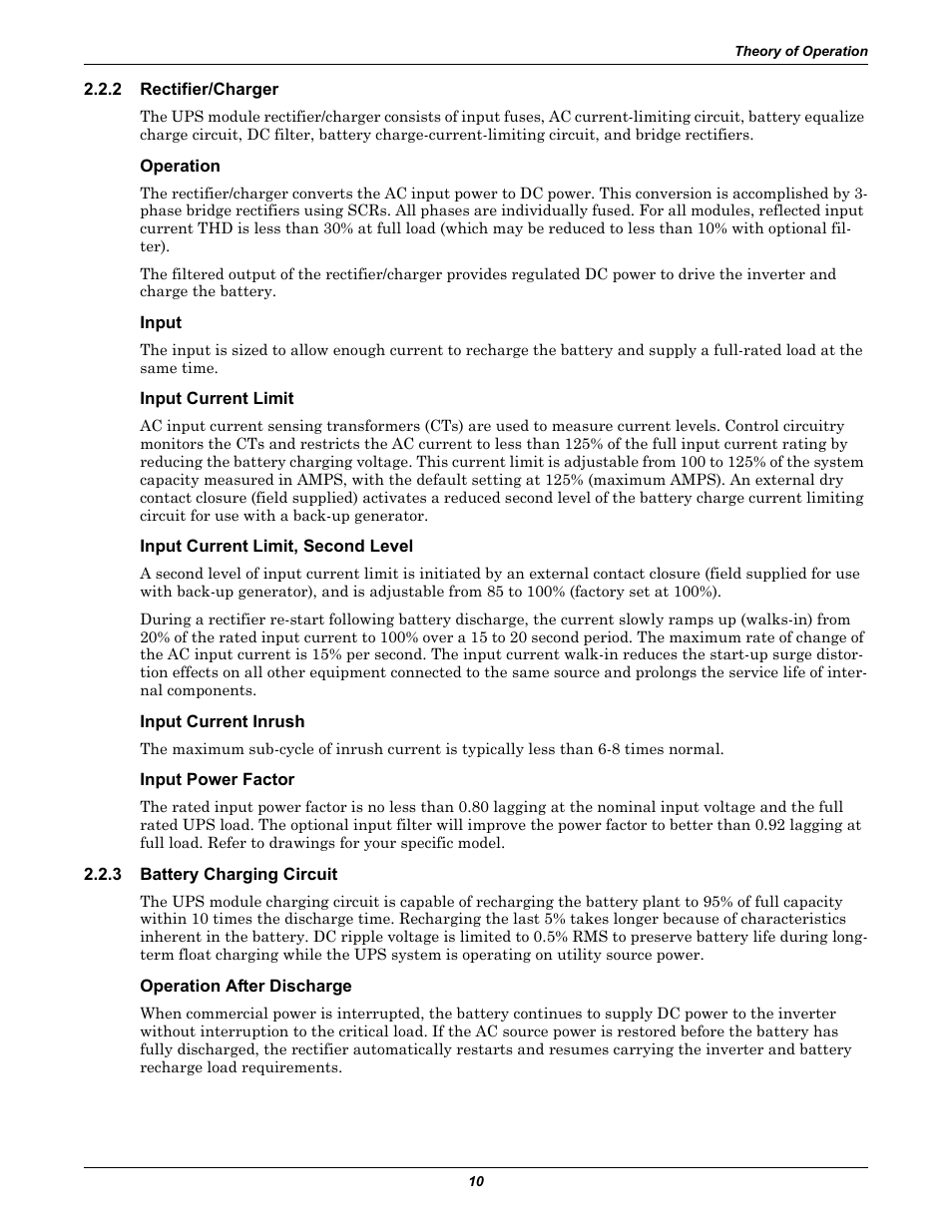 2 rectifier/charger, Operation, Input | Input current limit, Input current limit, second level, Input current inrush, Input power factor, 3 battery charging circuit, Operation after discharge, Rectifier/charger | Liebert 30-130kVA User Manual | Page 18 / 112