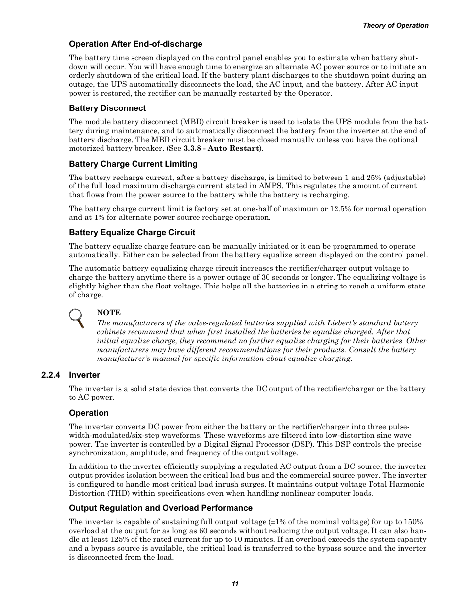 Operation after end-of-discharge, Battery disconnect, Battery charge current limiting | Battery equalize charge circuit, 4 inverter, Operation, Output regulation and overload performance, Inverter | Liebert 30-130kVA User Manual | Page 19 / 112