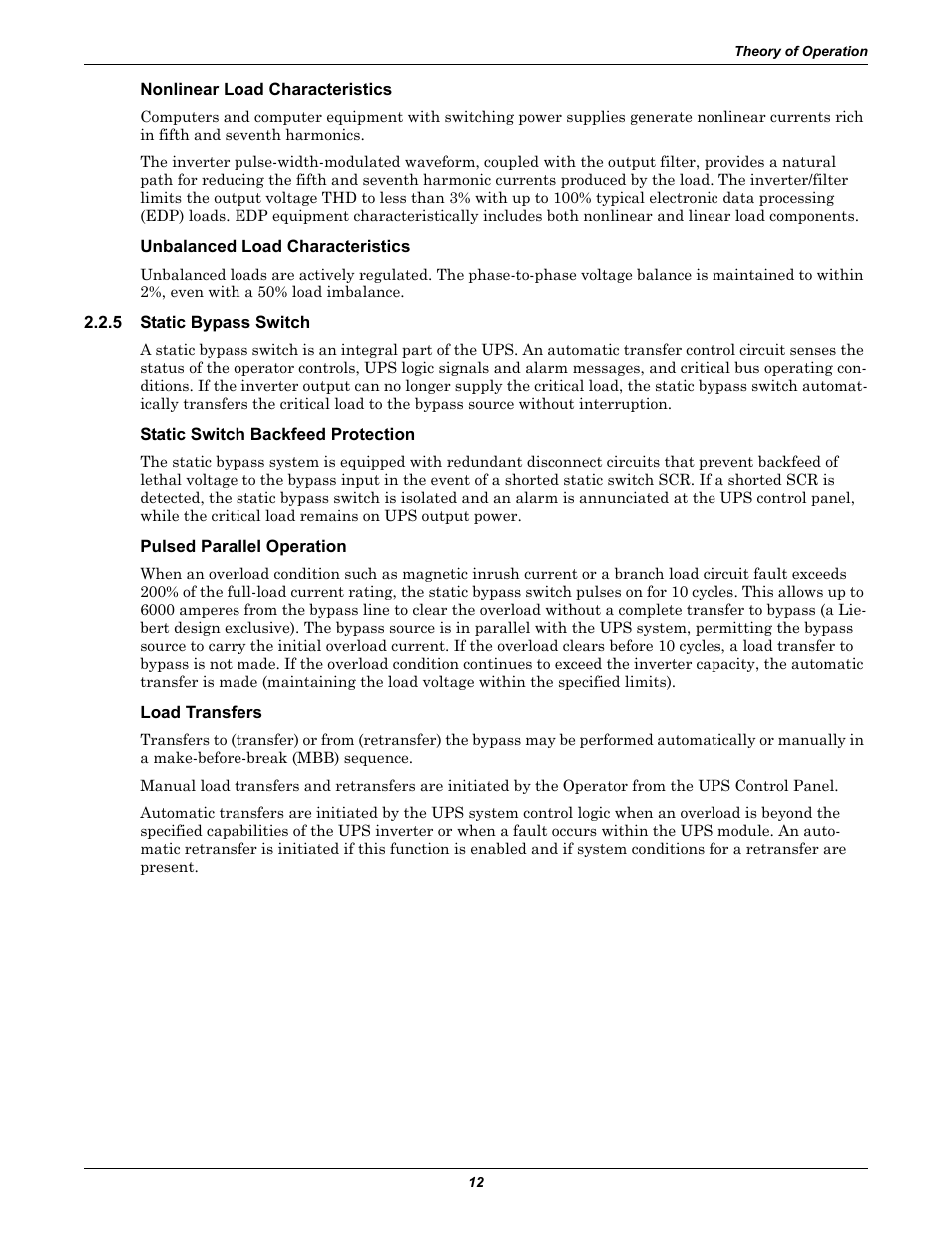 Nonlinear load characteristics, Unbalanced load characteristics, 5 static bypass switch | Static switch backfeed protection, Pulsed parallel operation, Load transfers, Static bypass switch | Liebert 30-130kVA User Manual | Page 20 / 112