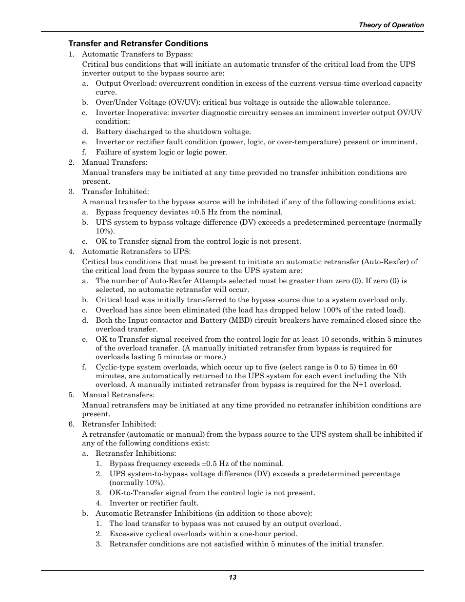 Transfer and retransfer conditions | Liebert 30-130kVA User Manual | Page 21 / 112