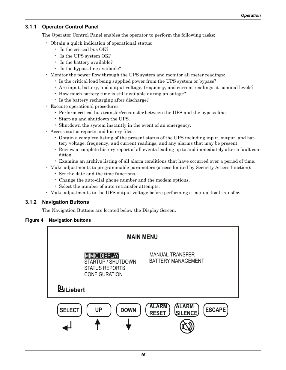 1 operator control panel, 2 navigation buttons, Figure 4 navigation buttons | Operator control panel, Navigation buttons, Figure 4, Main menu | Liebert 30-130kVA User Manual | Page 24 / 112