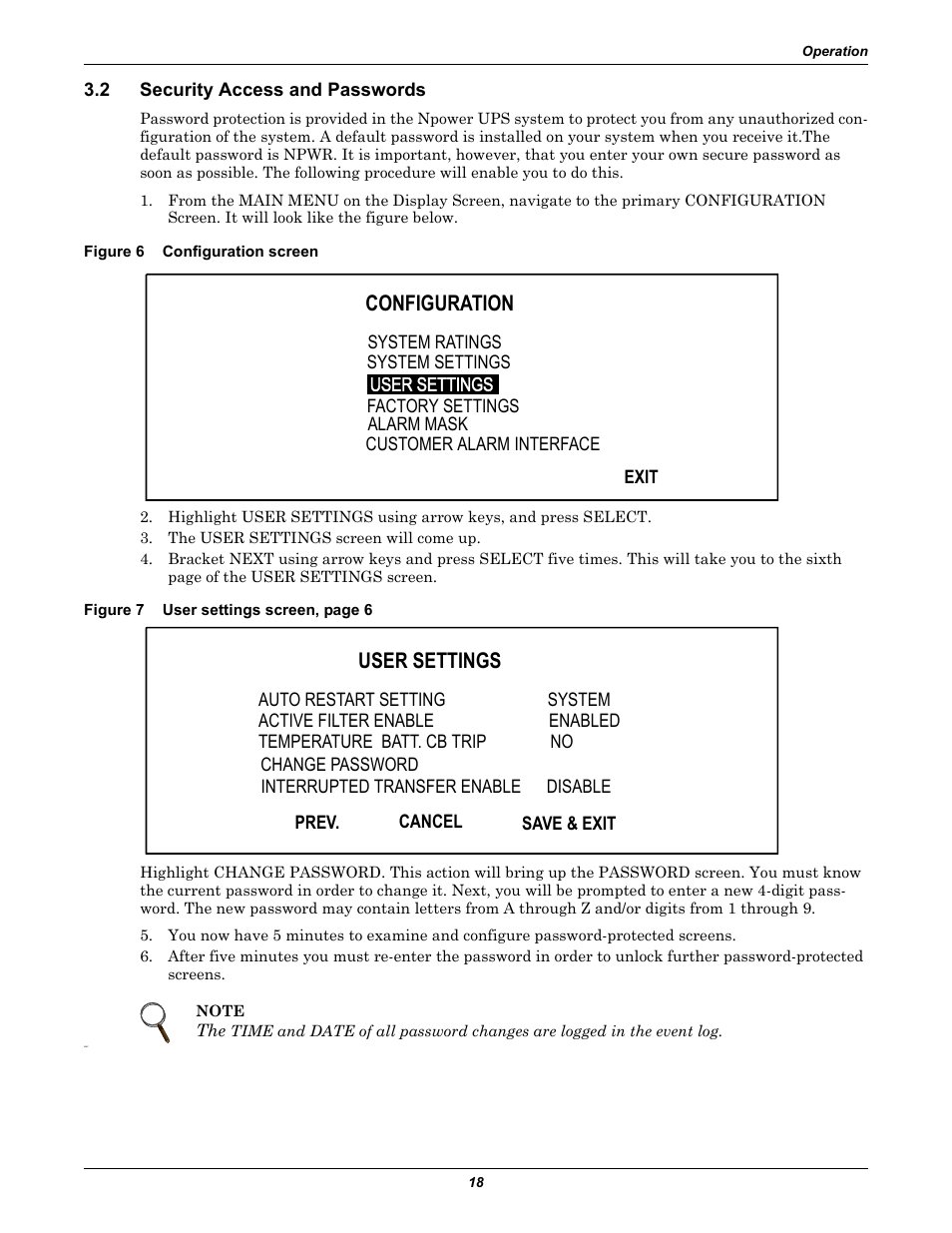 2 security access and passwords, Figure 6 configuration screen, Security access and passwords | Figure 6, Configuration screen, Figure 7, Configuration, User settings | Liebert 30-130kVA User Manual | Page 26 / 112