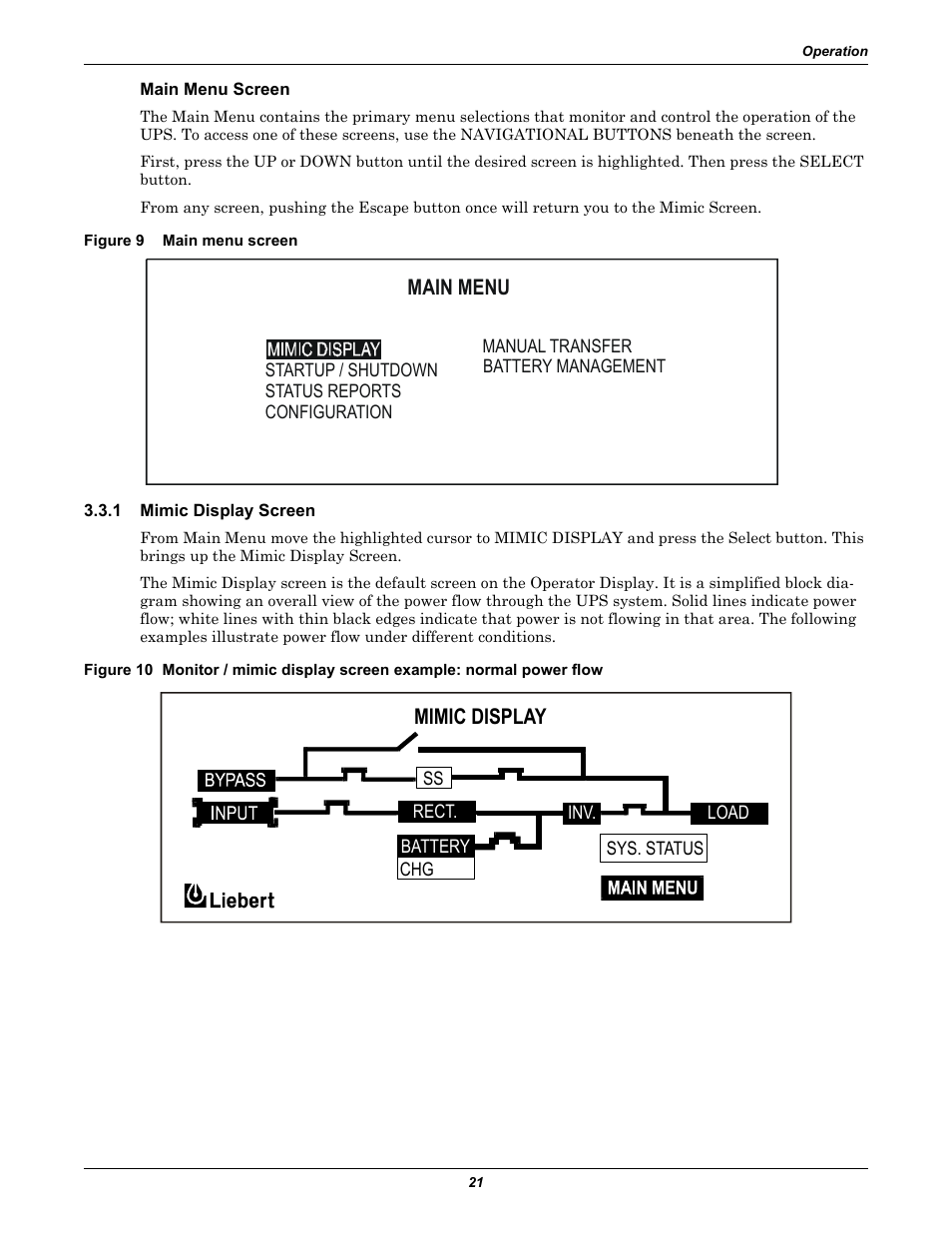 Main menu screen, Figure 9 main menu screen, 1 mimic display screen | Mimic display screen, Figure 9, Main menu, Mimic display | Liebert 30-130kVA User Manual | Page 29 / 112