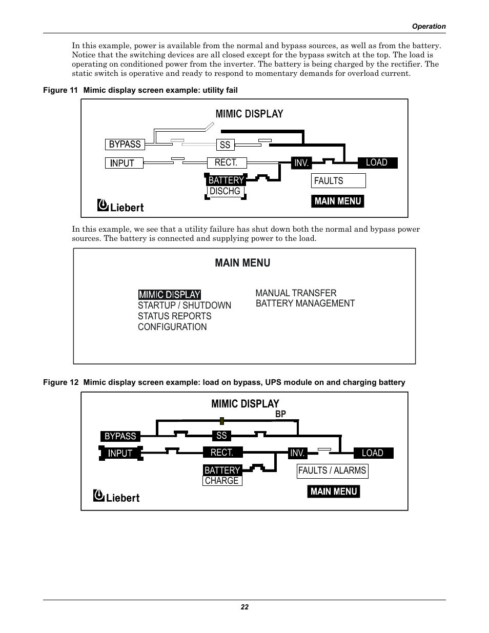 Main menu, Mimic display | Liebert 30-130kVA User Manual | Page 30 / 112