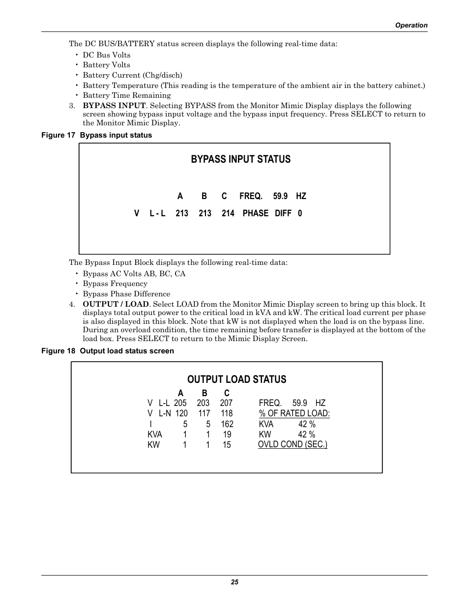 Figure 17 bypass input status, Figure 18 output load status screen, Bypass input status | Output load status | Liebert 30-130kVA User Manual | Page 33 / 112