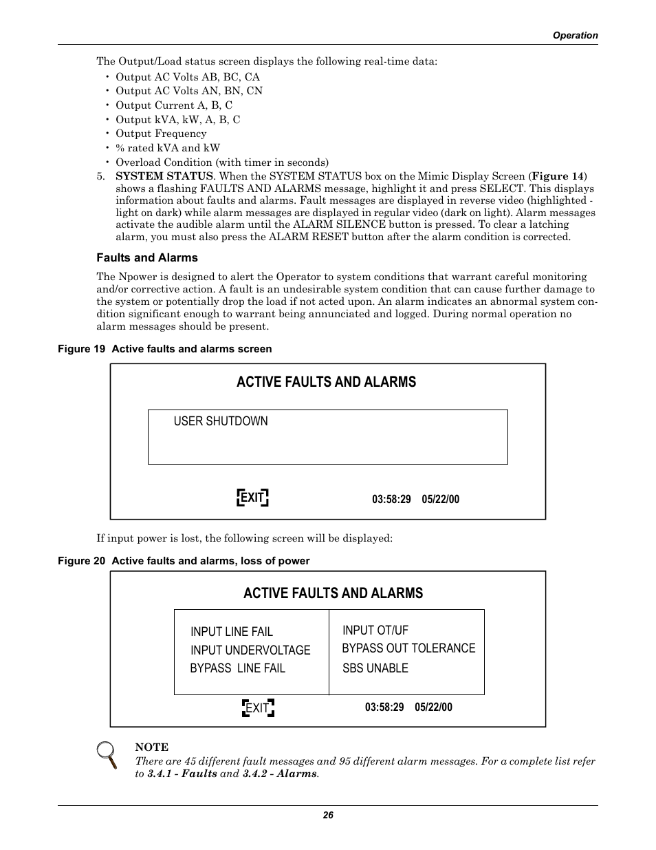 Faults and alarms, Figure 19 active faults and alarms screen, Figure 20 active faults and alarms, loss of power | Active faults and alarms | Liebert 30-130kVA User Manual | Page 34 / 112