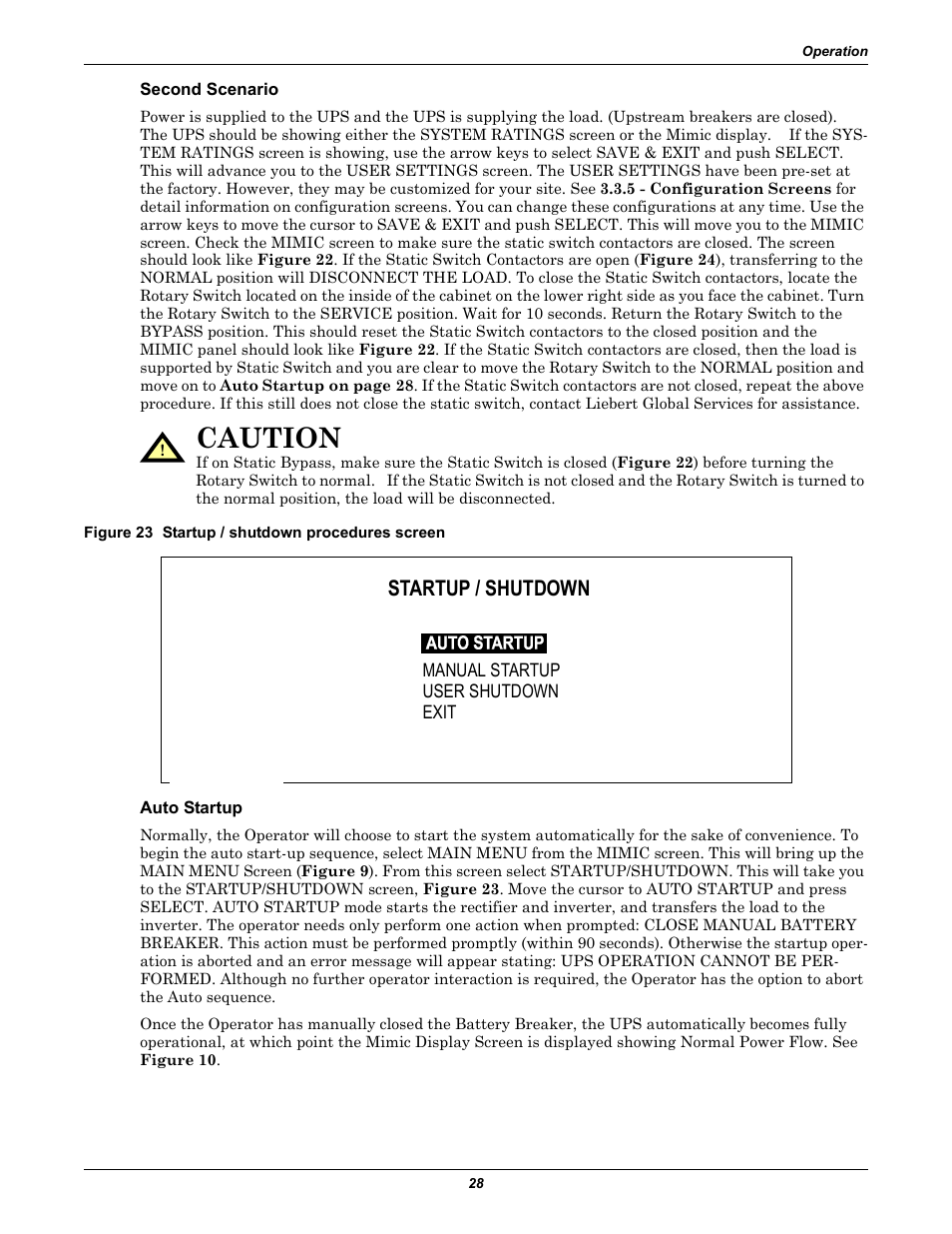 Second scenario, Figure 23 startup / shutdown procedures screen, Auto startup | Caution, Startup / shutdown | Liebert 30-130kVA User Manual | Page 36 / 112