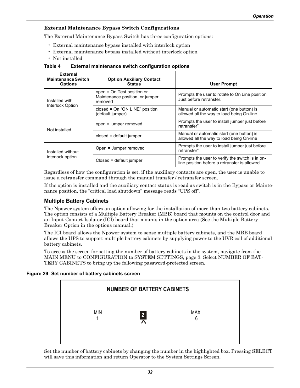 Multiple battery cabinets, Figure 29 set number of battery cabinets screen, Table 4 | External maintenance switch configuration options, Number of battery cabinets | Liebert 30-130kVA User Manual | Page 40 / 112