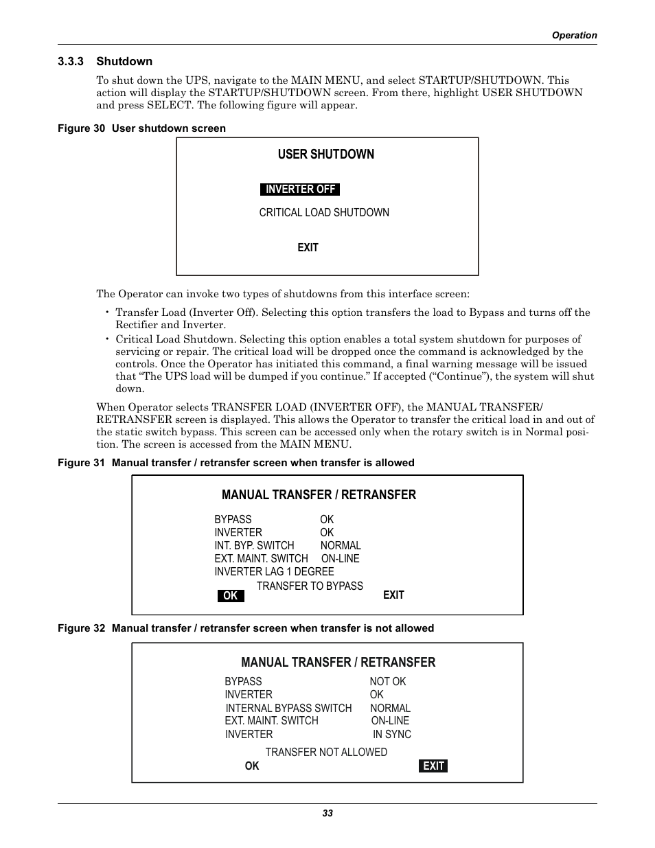 3 shutdown, Figure 30 user shutdown screen, Shutdown | Liebert 30-130kVA User Manual | Page 41 / 112