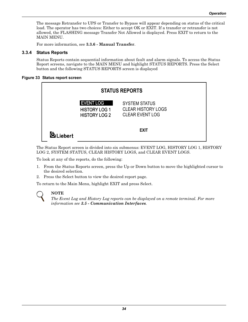 4 status reports, Figure 33 status report screen, Status reports | And remote terminals. see 3.3.4 - status reports | Liebert 30-130kVA User Manual | Page 42 / 112