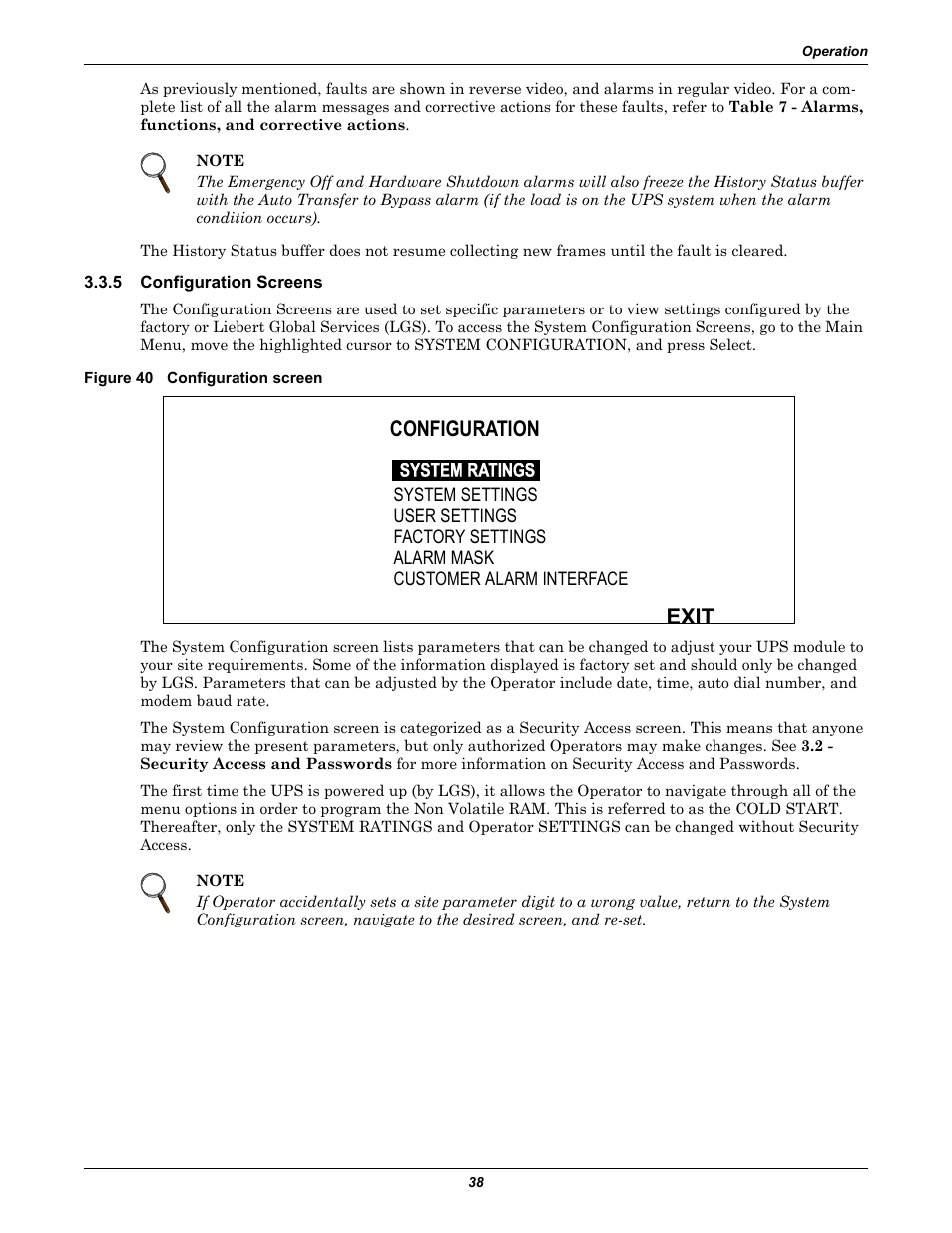 5 configuration screens, Figure 40 configuration screen, Configuration screens | 5 - configuration screens, Configuration, Exit | Liebert 30-130kVA User Manual | Page 46 / 112