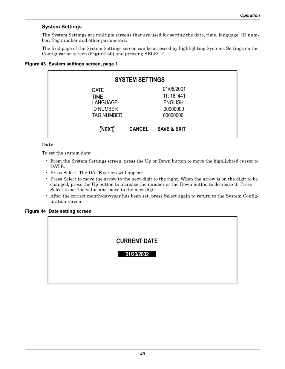 System settings, Figure 44 date setting screen, Current date | Liebert 30-130kVA User Manual | Page 48 / 112