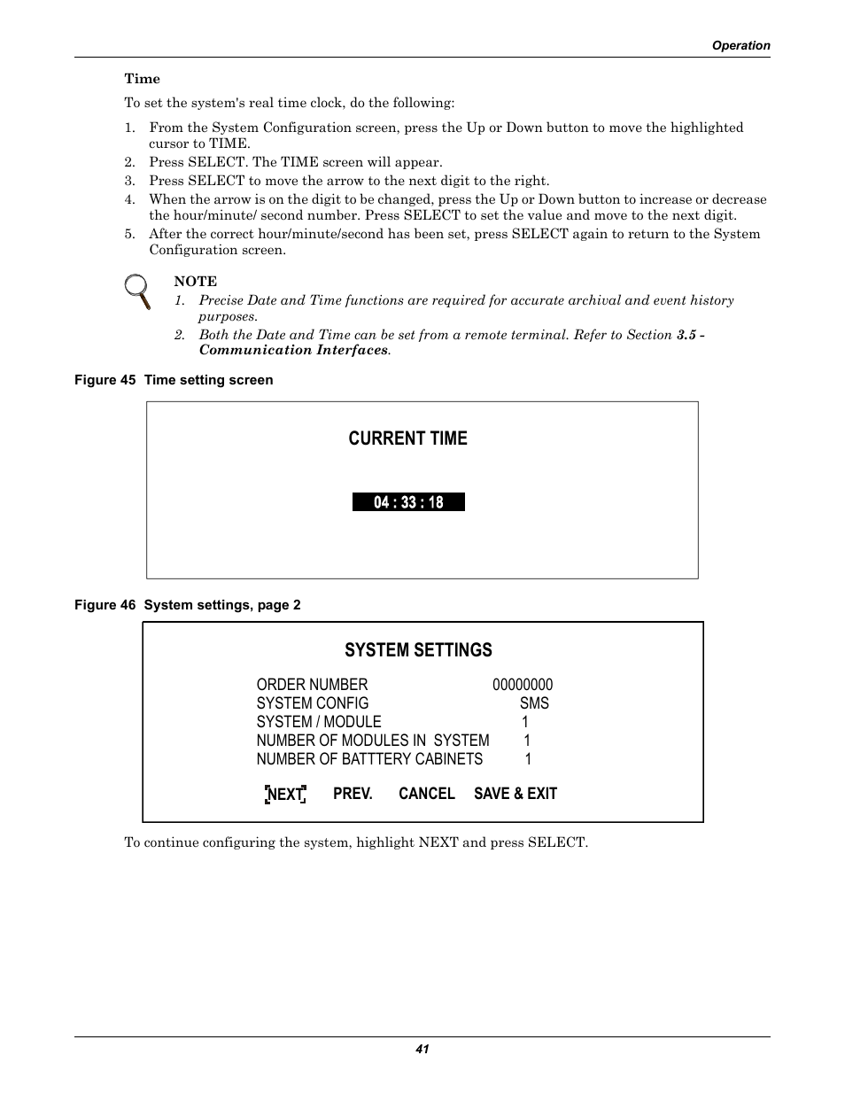 Figure 45 time setting screen, Current time system settings | Liebert 30-130kVA User Manual | Page 49 / 112