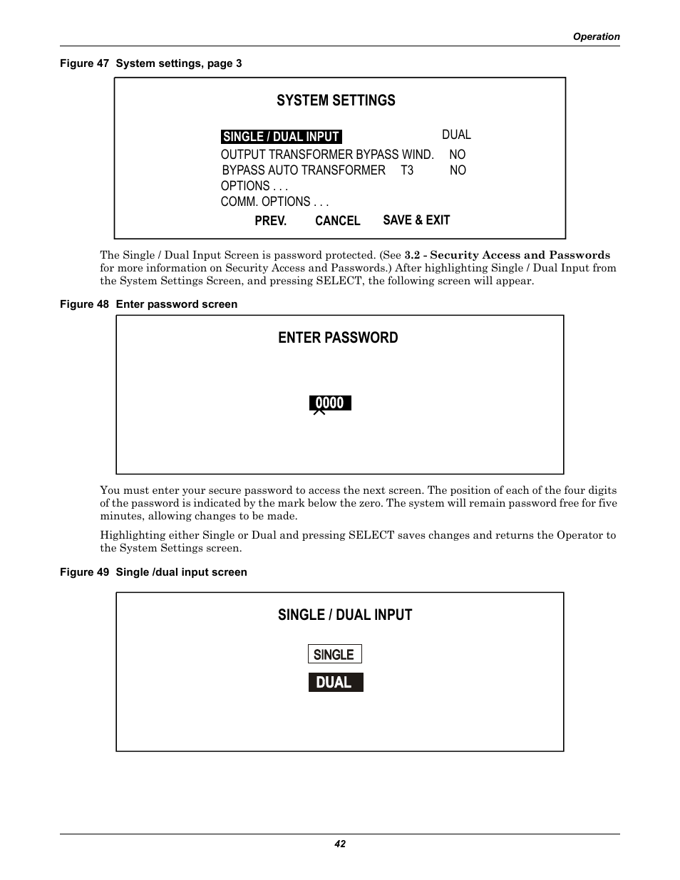 Figure 48 enter password screen, Figure 49 single /dual input screen, Single /dual input screen | System settings, Enter password single / dual input | Liebert 30-130kVA User Manual | Page 50 / 112