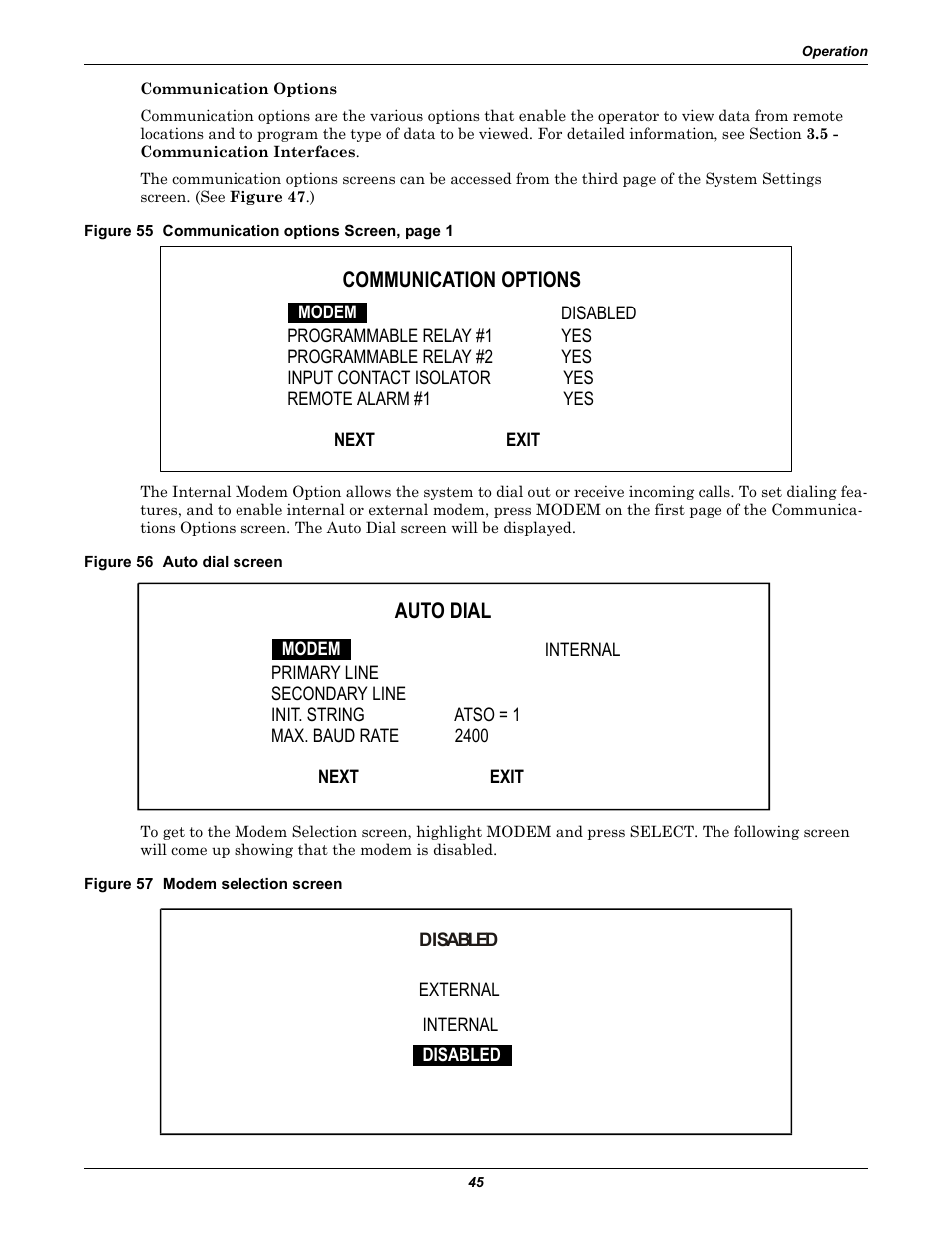 Figure 56 auto dial screen, Figure 57 modem selection screen, Communication options | Auto dial | Liebert 30-130kVA User Manual | Page 53 / 112