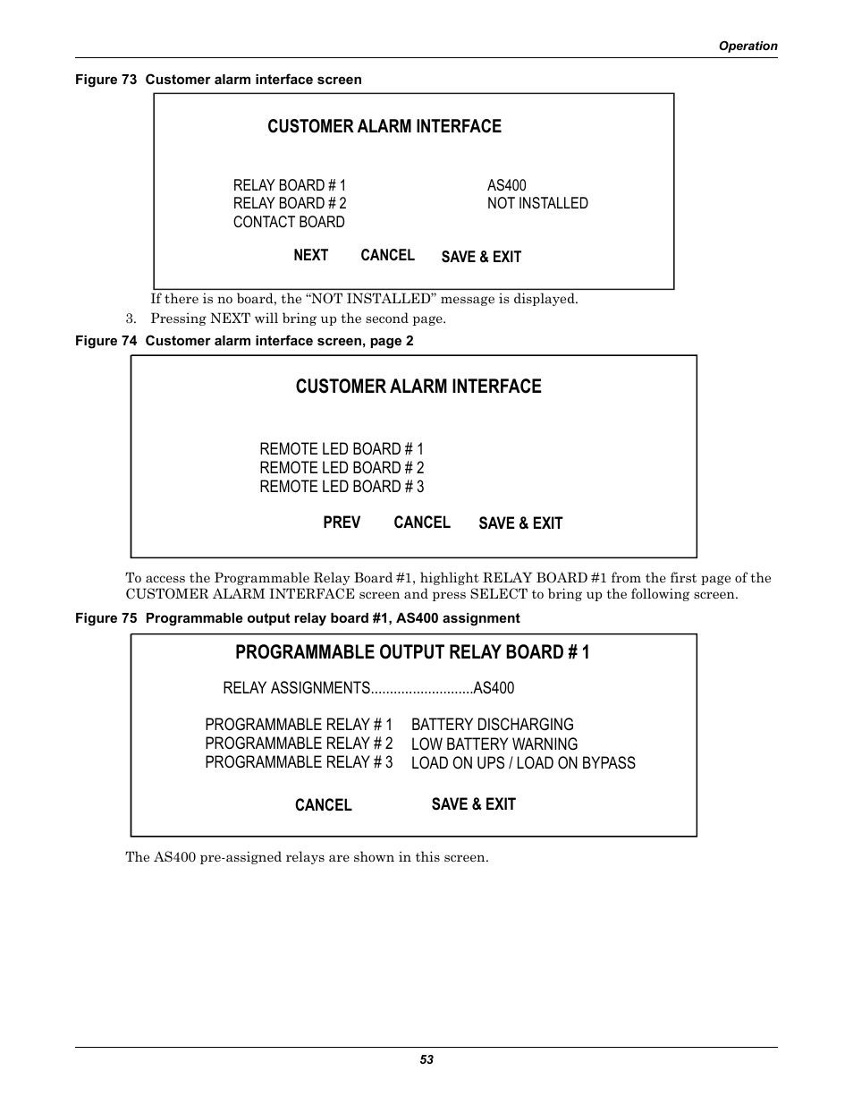 Figure 73 customer alarm interface screen, Customer alarm interface, Programmable output relay board # 1 | Liebert 30-130kVA User Manual | Page 61 / 112