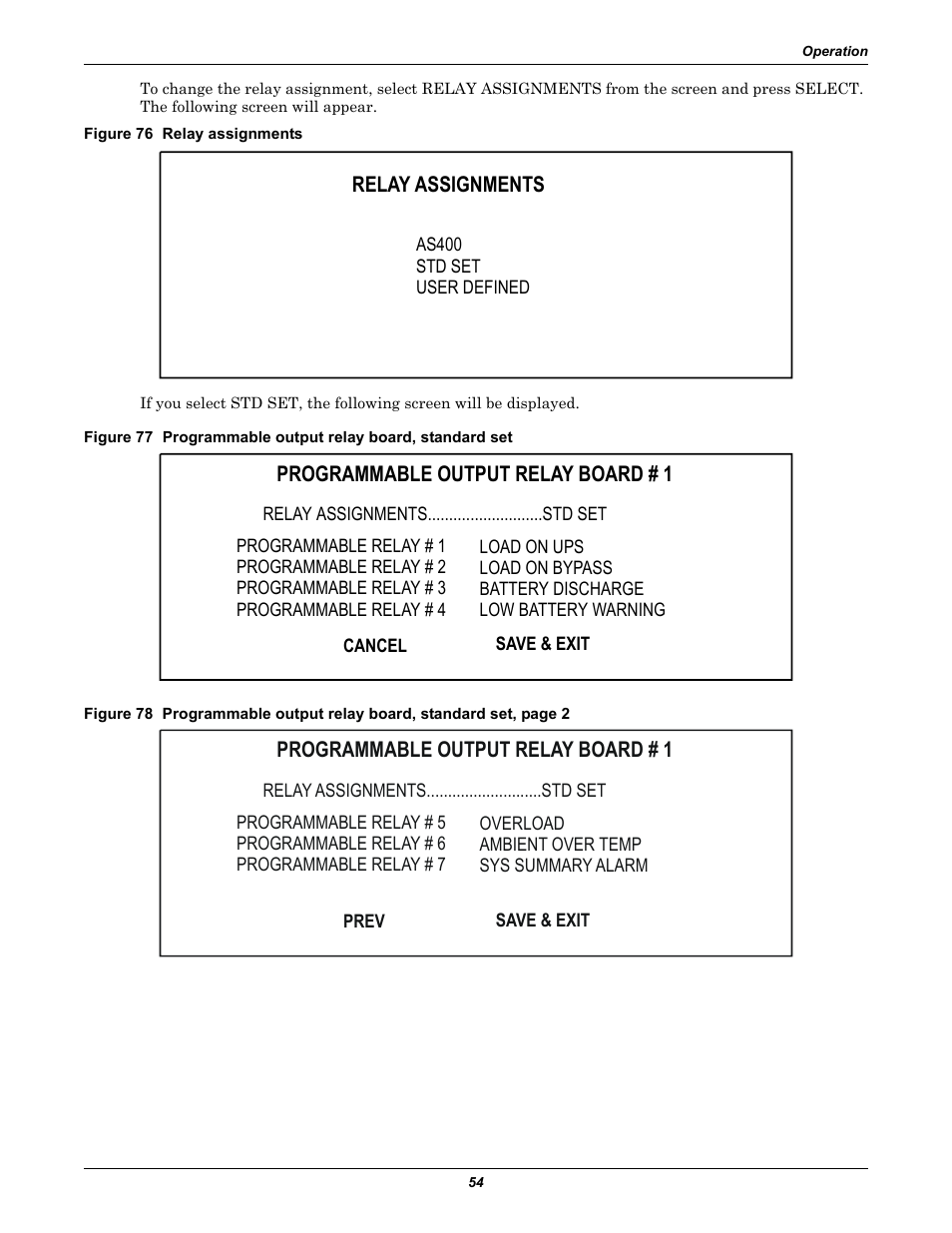 Figure 76 relay assignments, Relay assignments, Programmable output relay board # 1 | Liebert 30-130kVA User Manual | Page 62 / 112