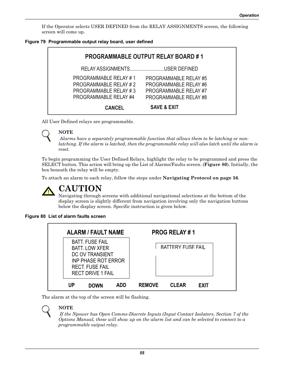 Figure 80 list of alarm faults screen, Caution, Programmable output relay board # 1 | Alarm / fault name, Prog relay # 1 | Liebert 30-130kVA User Manual | Page 63 / 112