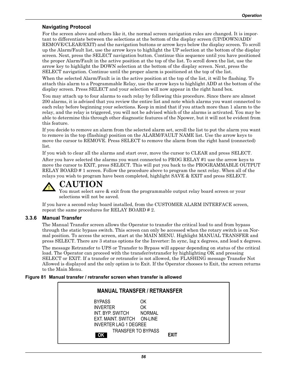 Navigating protocol, 6 manual transfer, Manual transfer | Caution | Liebert 30-130kVA User Manual | Page 64 / 112