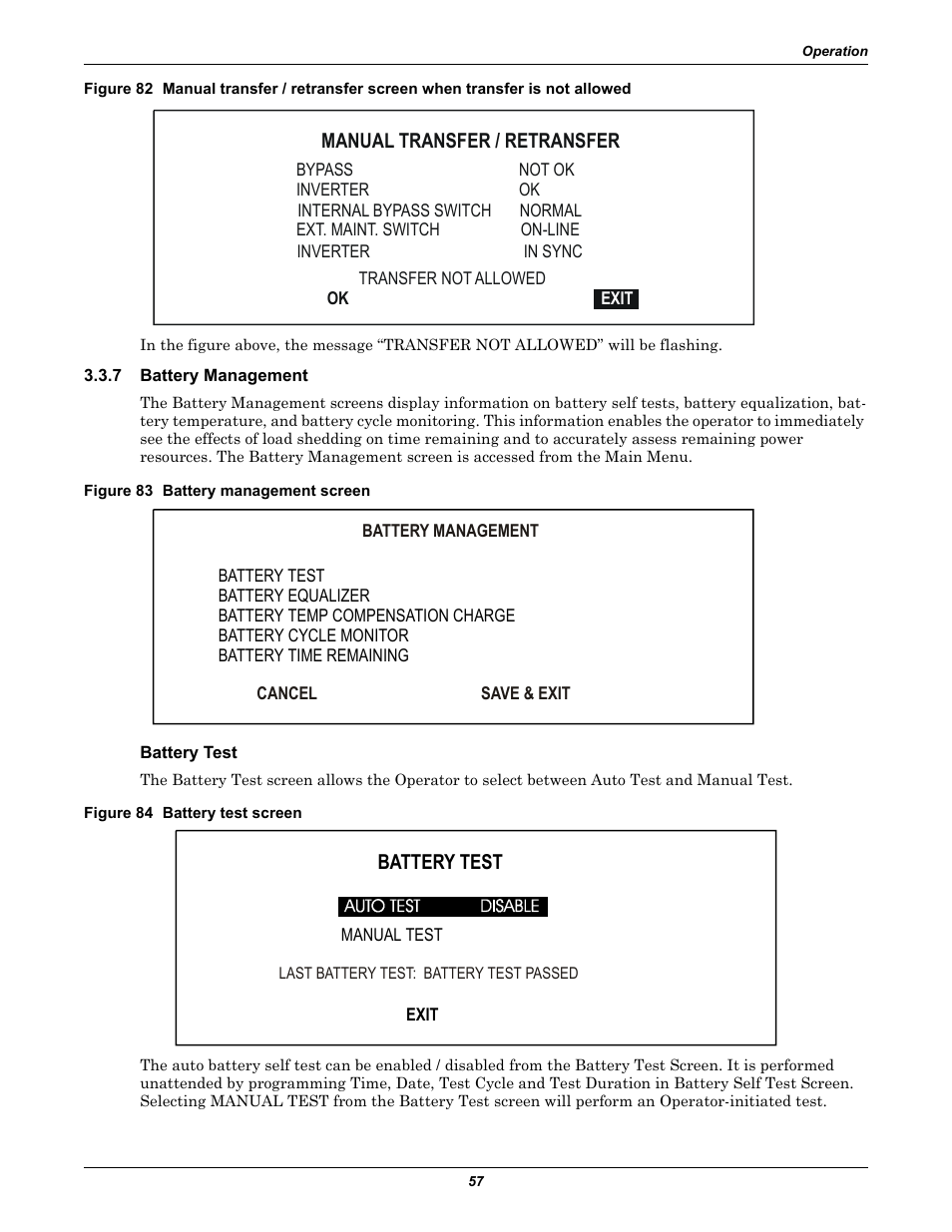 7 battery management, Figure 83 battery management screen, Battery test | Figure 84 battery test screen, Battery management, Manual transfer / retransfer | Liebert 30-130kVA User Manual | Page 65 / 112